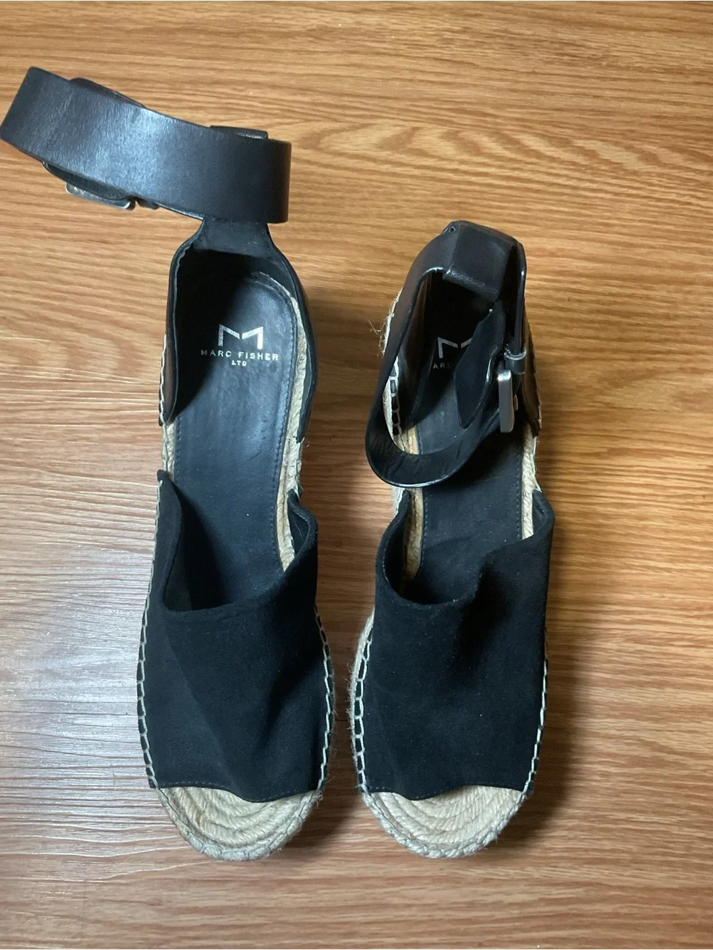 Marc Fisher Black Suede Espadrille Wedge Sandals with Ankle Strap